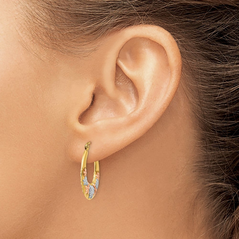 14k Yellow Gold & White and Rose Rhodium Hollow Flowers Hoop Earrings