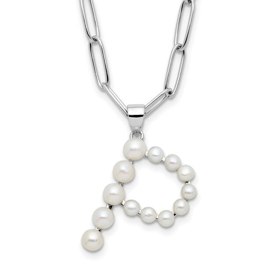 Sterling Silver 3-5.5mm White Button Cultured Pearl LETTER P Necklace 18"