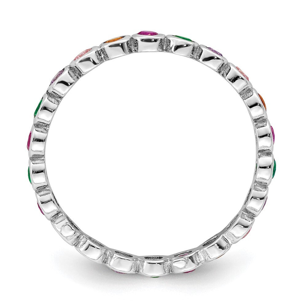 Sterling Silver Rhodium-plated Polished Multi-Color CZ Band Ring Size 7