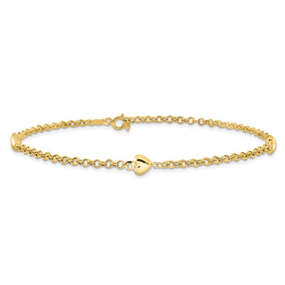 14k Yellow Gold Polished Puffed Heart 3-Station 9 inch Anklet