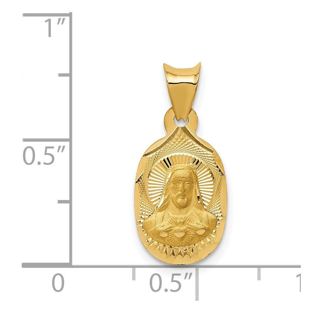 14k Yellow Gold Polished Diamond-Cut Sagrado Corazon Oval Pendant for Women