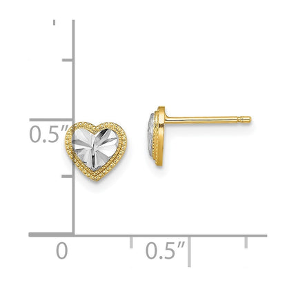 14k Yellow Gold Rhodium Diamond-Cut Heart Stud Earrings Gift for Women