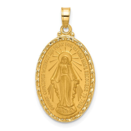 14k Yellow Gold Satin and Polished Miraculous Medal Solid Oval Pendant