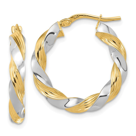 14k Yellow Gold w/White Rhodium Polished Twisted Hoop Earrings