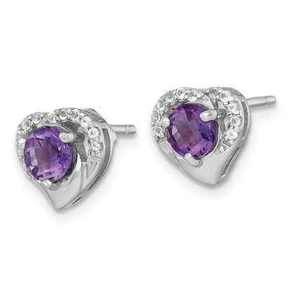 Sterling Silver Rhodium-plated Polished Amethyst and White Topaz Heart Earrings