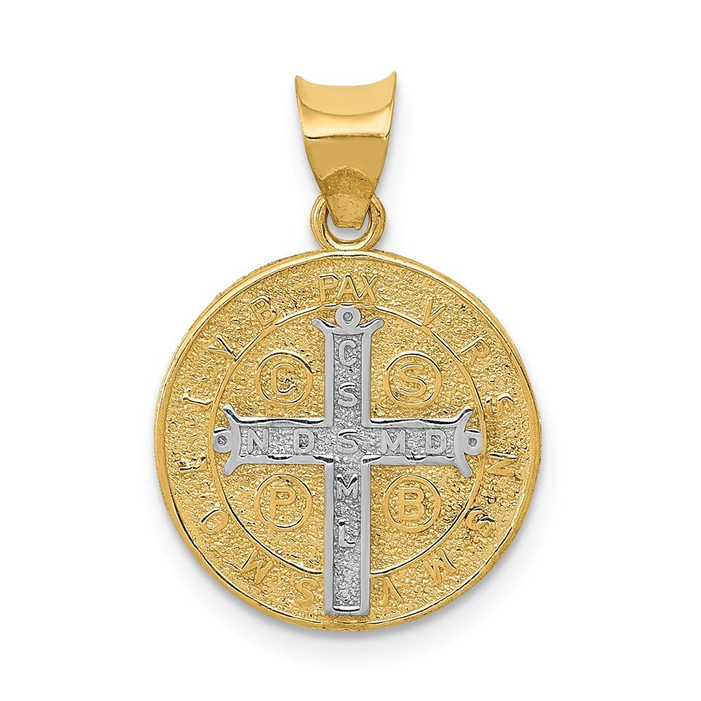 14k Yellow Gold With Rhodium Circle St. Benedict Medal Pendant