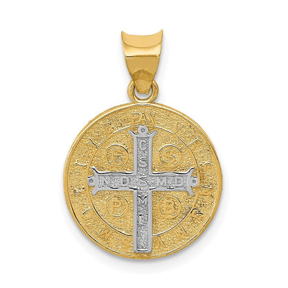 14k Yellow Gold With Rhodium Circle St. Benedict Medal Pendant