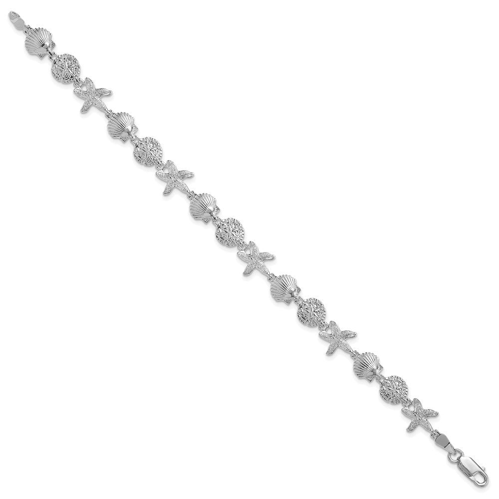 Sterling Silver Rhodium-Plated Polished Sand Dollar / Shell / Starfish Bracelet