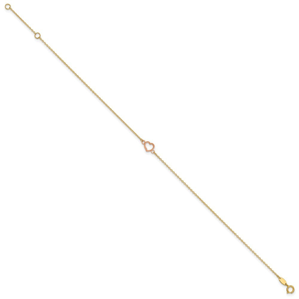 14k Two-tone Textured and Polished Open Heart 10" Anklet