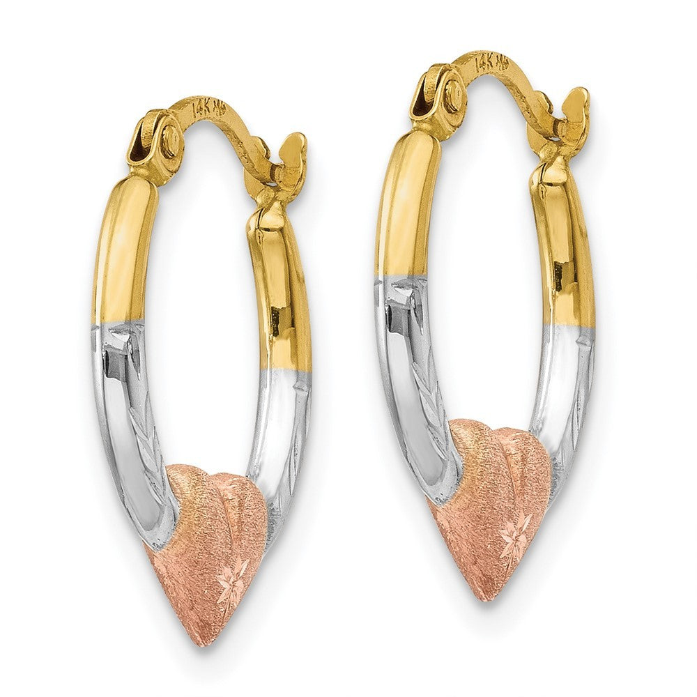 14k Yellow Gold & White and Rose Rhodium Heart Hoop Earrings