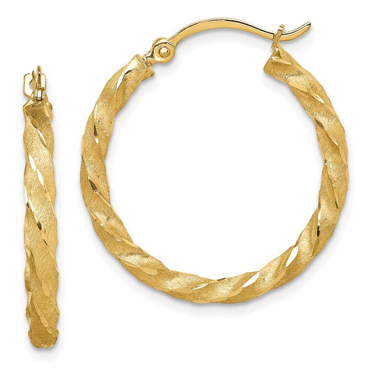 14k Yellow Gold Twisted Satin Diamond-Cut Hoop Earrings