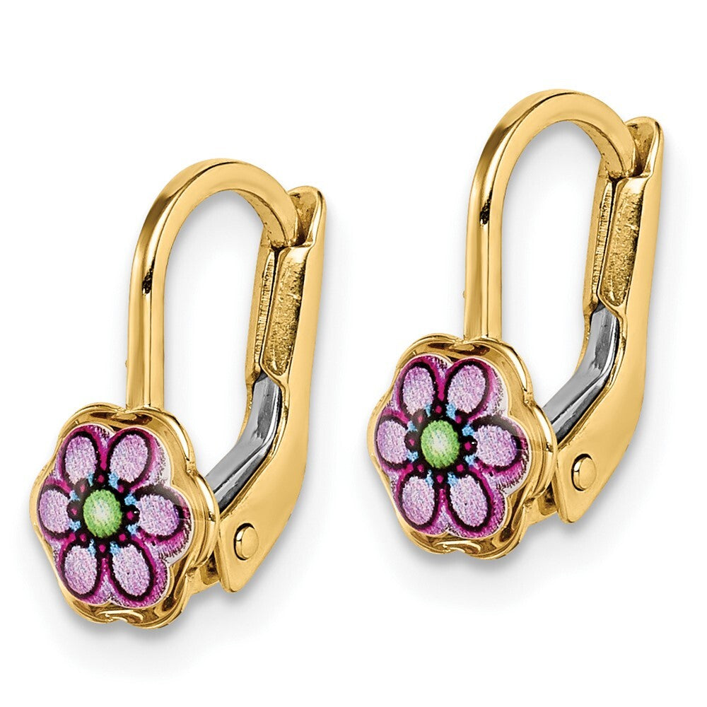 14k Yellow Gold Children's Enamel Flower Dangle Earrings Leverback