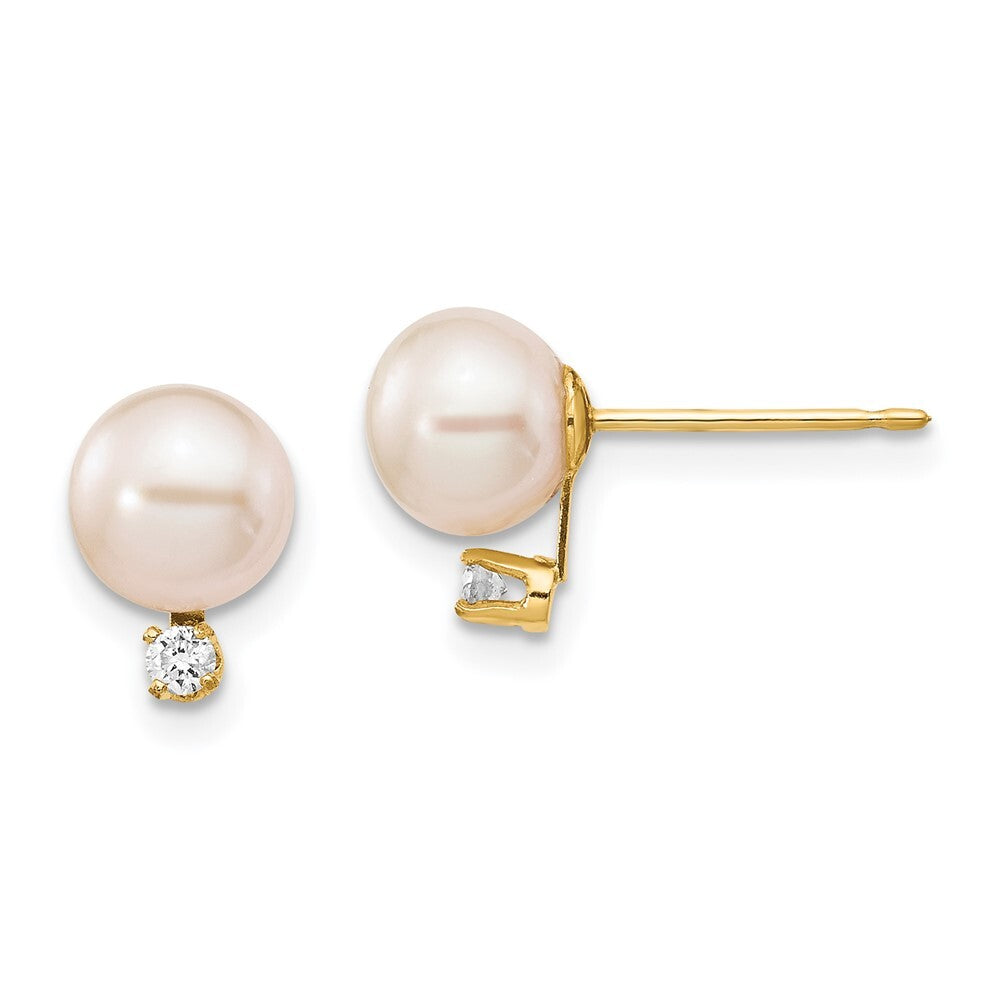 14k Yellow Gold 6-7mm Cultured Pearl & .06 Carat Diamond Stud Earrings for Women