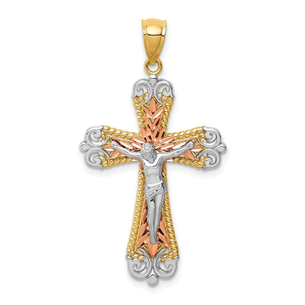 14K Tri-Color Diamond-Cut w/White Rhodium Crucifix Pendant