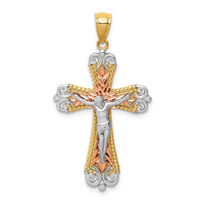 14K Tri-Color Diamond-Cut w/White Rhodium Crucifix Pendant