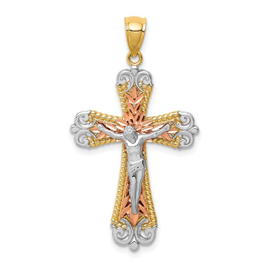 14K Tri-Color Diamond-Cut w/White Rhodium Crucifix Pendant