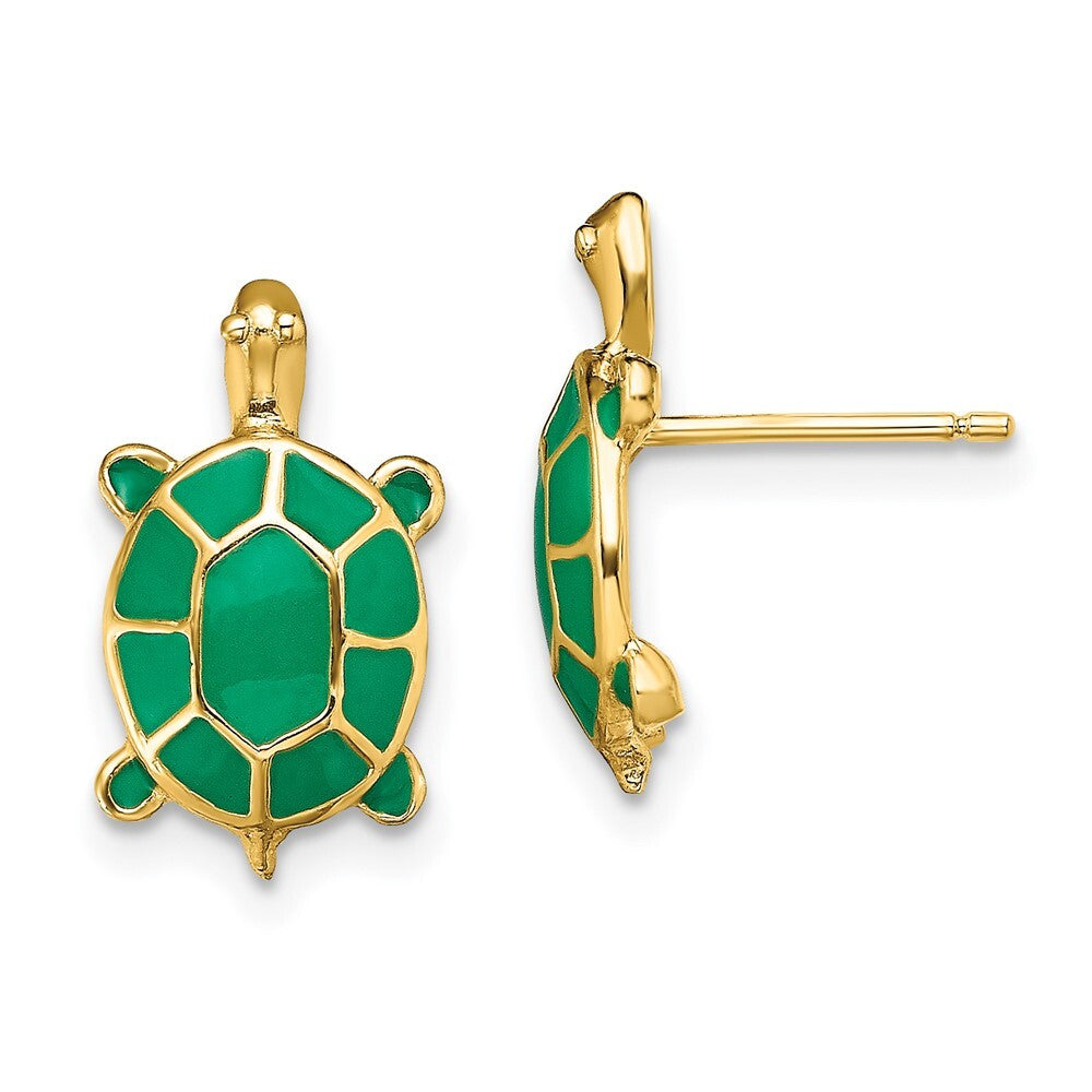 14k Yellow Gold Land Turtle Green Enamel Shell Stud Earrings Gift for Women