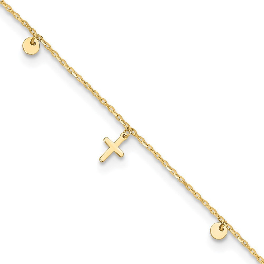14k Yellow Gold  Dangle Crosses and Circles 9" Plus 2 in Extender 11" Anklet