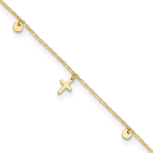 14k Yellow Gold  Dangle Crosses and Circles 9" Plus 2 in Extender 11" Anklet