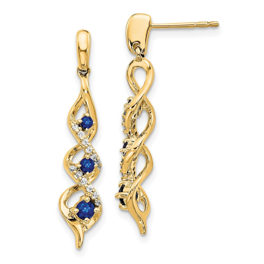 14k Yellow Gold Diamond and Blue Sapphire Dangle Earrings