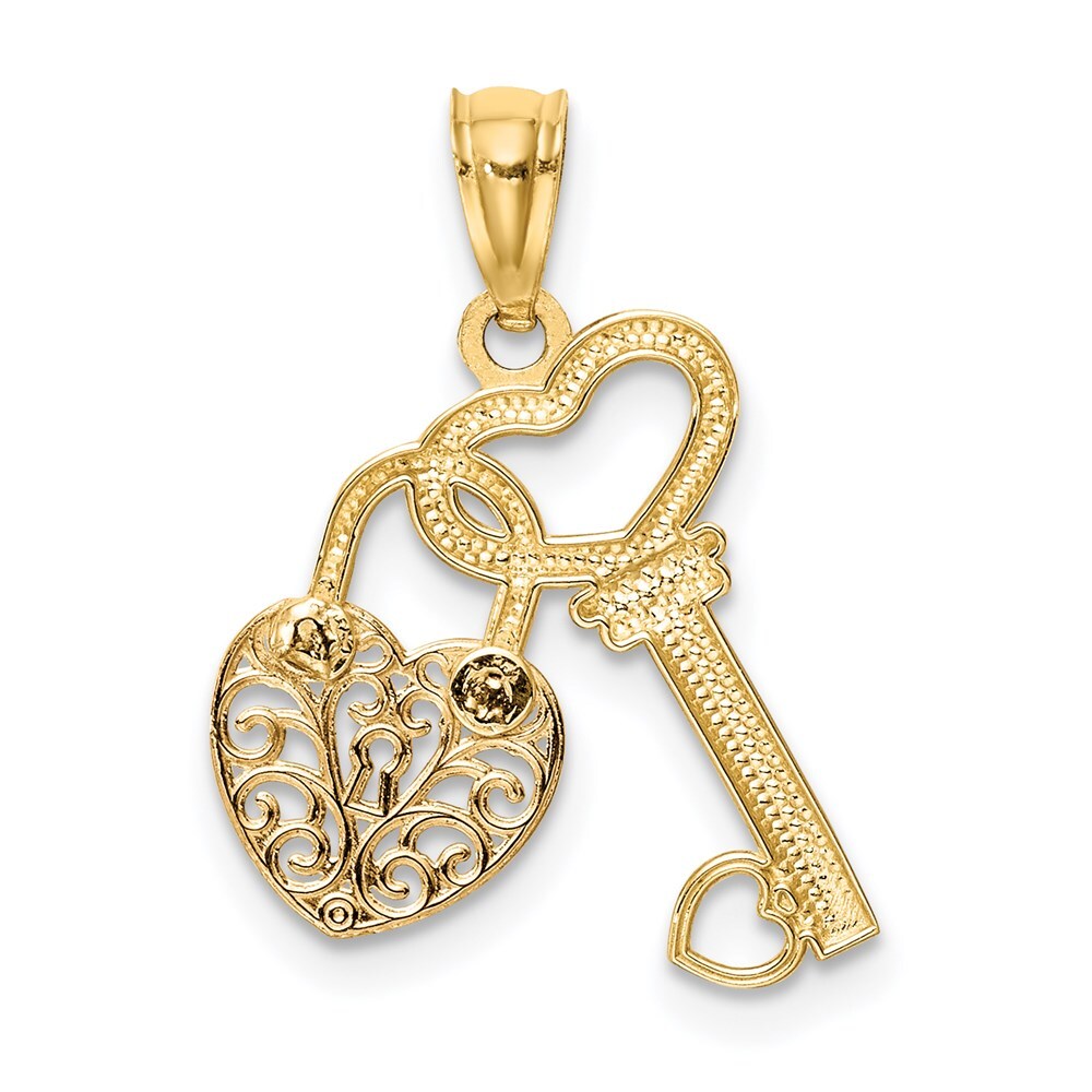14k Two-tone Gold Polished Filigree Heart Lock and Diamond-cut Key Charm Pendant