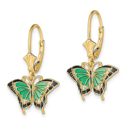 14k Yellow Gold Butterfly w/ Green Enameled Wings Drop Dangle Earrings