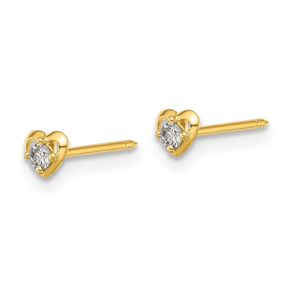 14k Yellow Gold Polished Heart With .03ct Diamond Stud Earrings Gift for Women