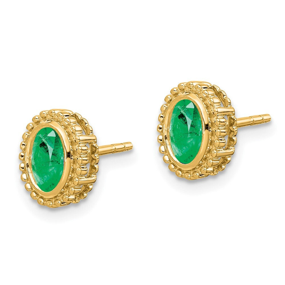 14k Yellow Gold Oval Emerald Stud Earrings
