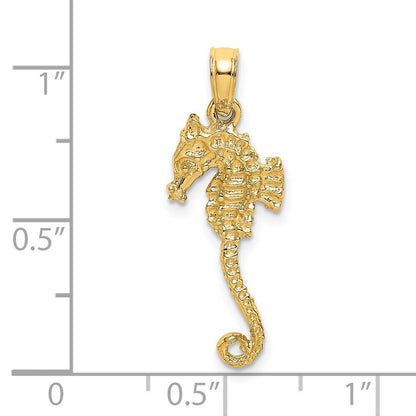 14k Yellow Gold 3-D Textured Seahorse with Tail Charm Pendant for Women