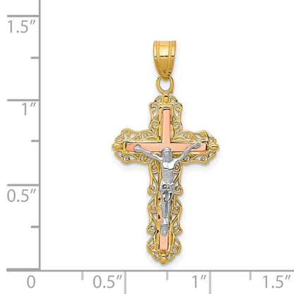 14k Tri-Color Gold Tri-color Diamond-cut Crucifix Pendant for Women