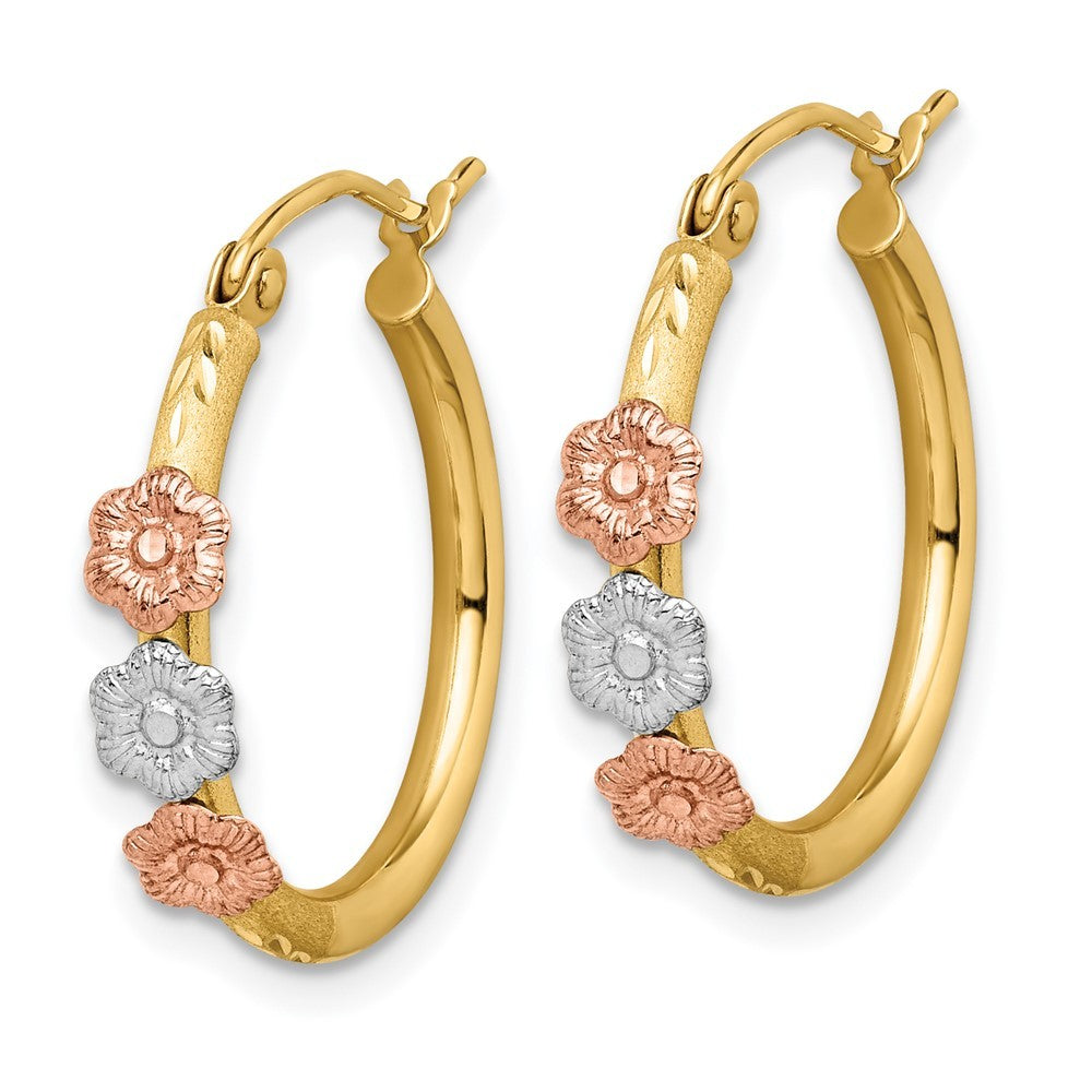 14k Tri-color Polished & Satin Tri-color Flower Hoop Earrings
