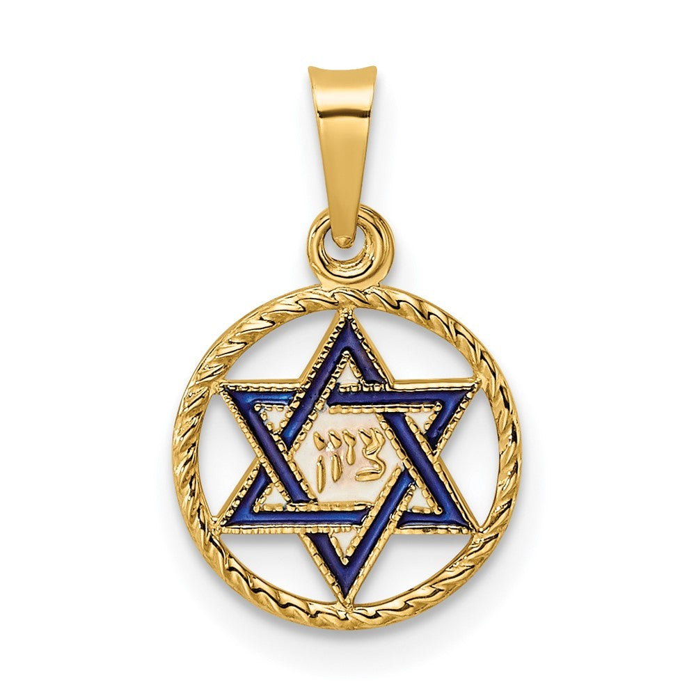 14k Yellow Gold Polished Solid Enameled Star of David in Frame Pendant