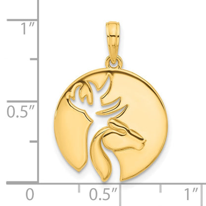 14k Yellow Gold Polished Cut-out Deer Head Circle Pendant for Women