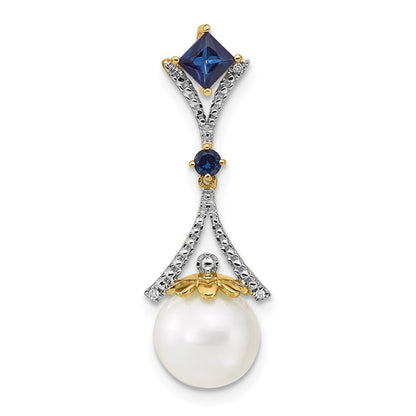 14k Yellow Gold Diamond 8-9mm FWC Pearl/Created Sapphire Chain Slide