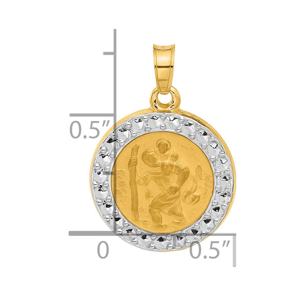 14k Yellow Gold with White Rhodium Hollow St. Christopher Medal Pendant