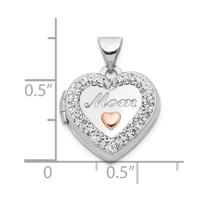 14k White Gold  Rose Rhodium Plated Crystal 16mm MOM Heart Locket Pendant