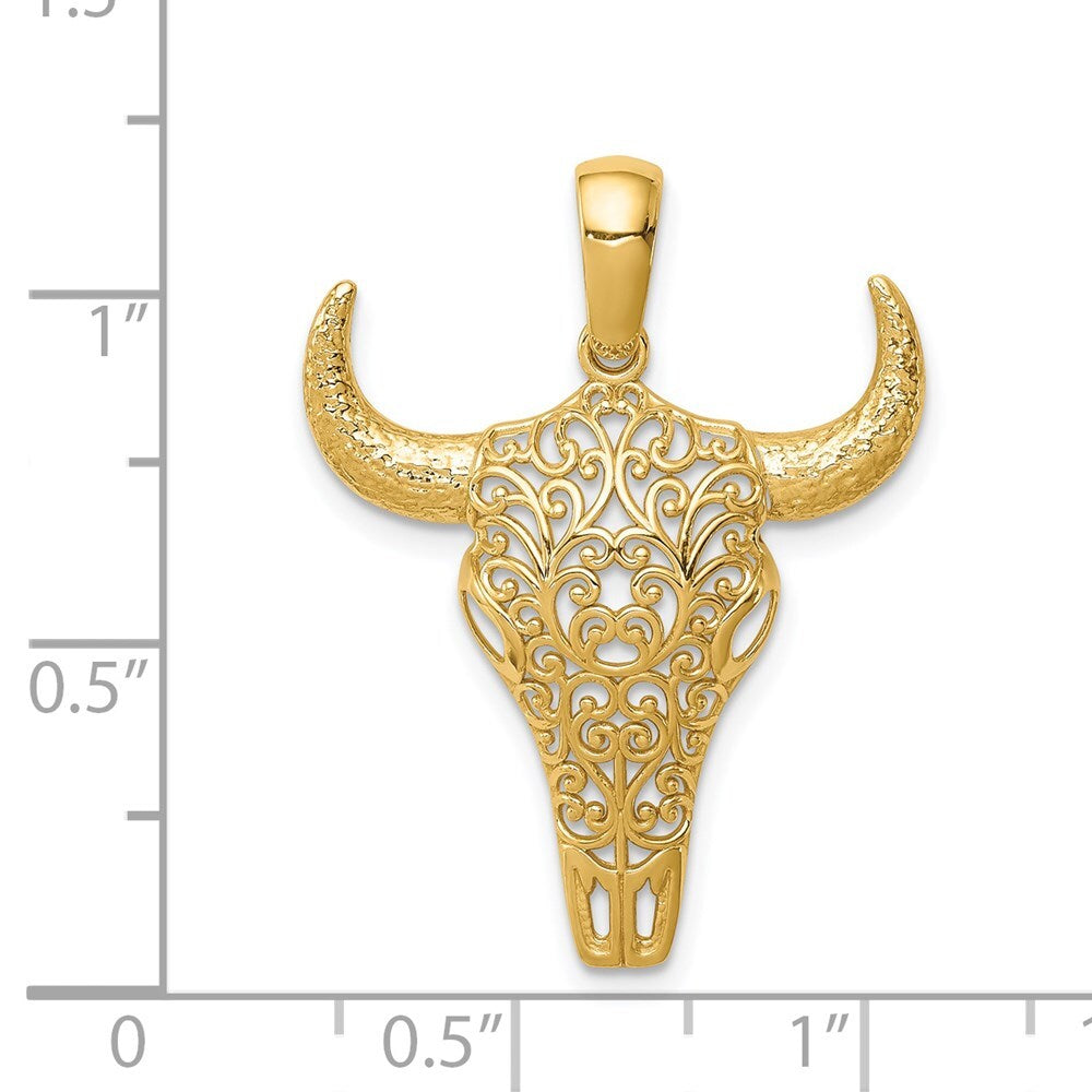 14k Yellow Gold Filigree Steer Skull Pendant for Women