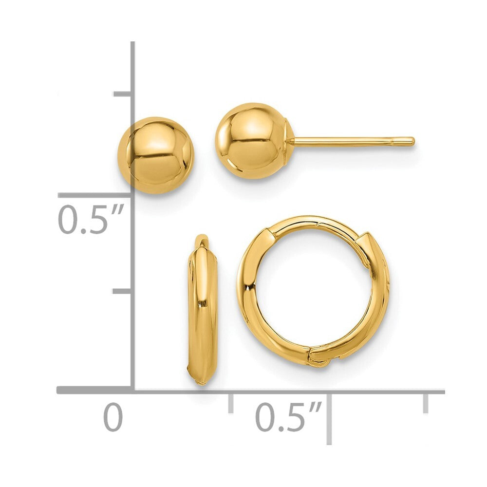 14k Yellow Gold Polished 5mm Ball and Hinged Hoop Earring Set Gift for Women