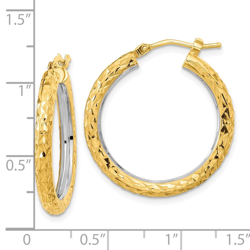14k Yellow Gold White Rhodium Polished Diamond-cut 3mm Circle Hoop Earrings