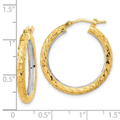 14k Yellow Gold White Rhodium Polished Diamond-cut 3mm Circle Hoop Earrings