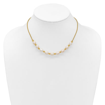 Sterling Silver Gold-tone Polished Beaded 7mm Cultured Rice Pearl Necklace 16+2"