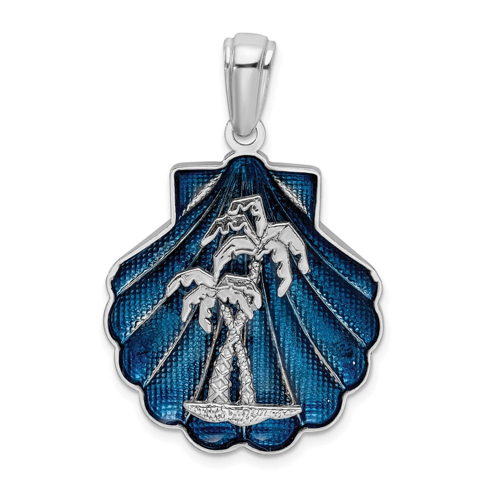 Sterling Silver Rhodium-Plated Enameled Blue Shell with Palm Trees Pendant