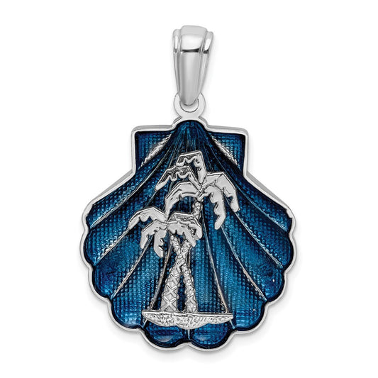Sterling Silver Rhodium-Plated Enameled Blue Shell with Palm Trees Pendant
