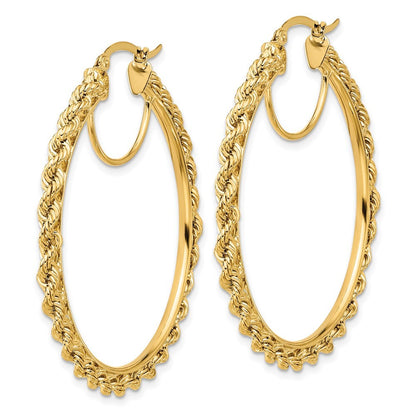 14k Yellow Gold Polished and D/C Rope 2.95mm Hoop Earrings
