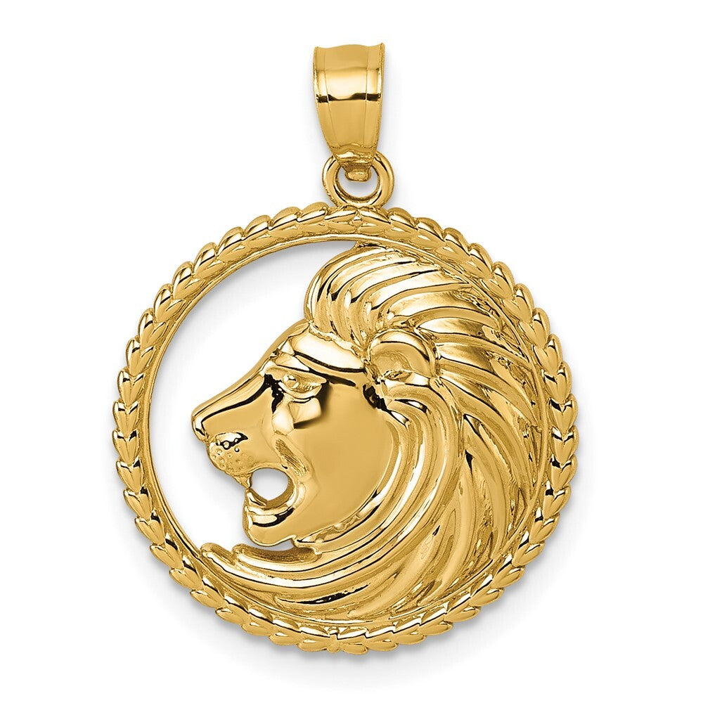 14k Yellow Gold Polished Lion with Mane Circle Pendant