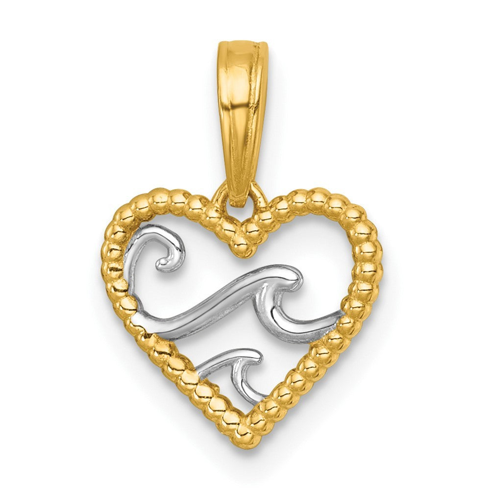 14k Yellow Gold with White Rhodium Reversible Polished Waves In Heart Charm