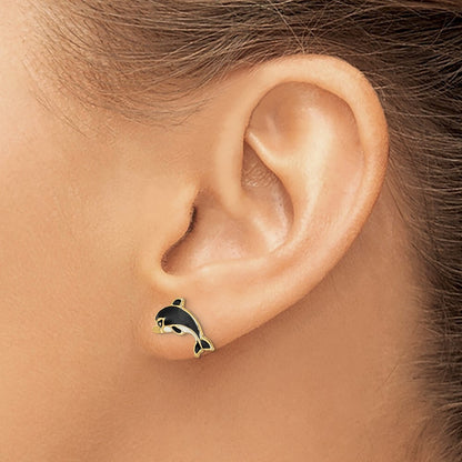 14k Yellow Gold White and Black Enamel Dolphin Stud Earrings Gift for Women