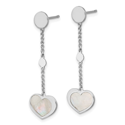 Sterling Silver Rhod-plated Mother of Pearl Heart Post Dangle Earrings