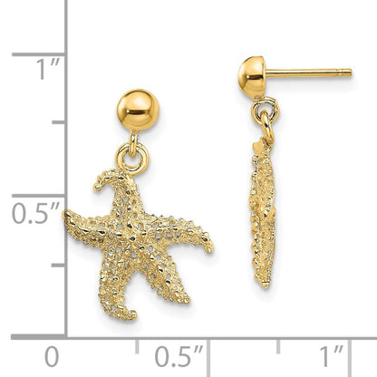 14k Yellow Gold 3D Starfish Dangle Earrings Gift for Women