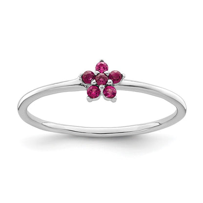 Sterling Silver Rhodium-plated Polished Red CZ Flower Ring Size 7